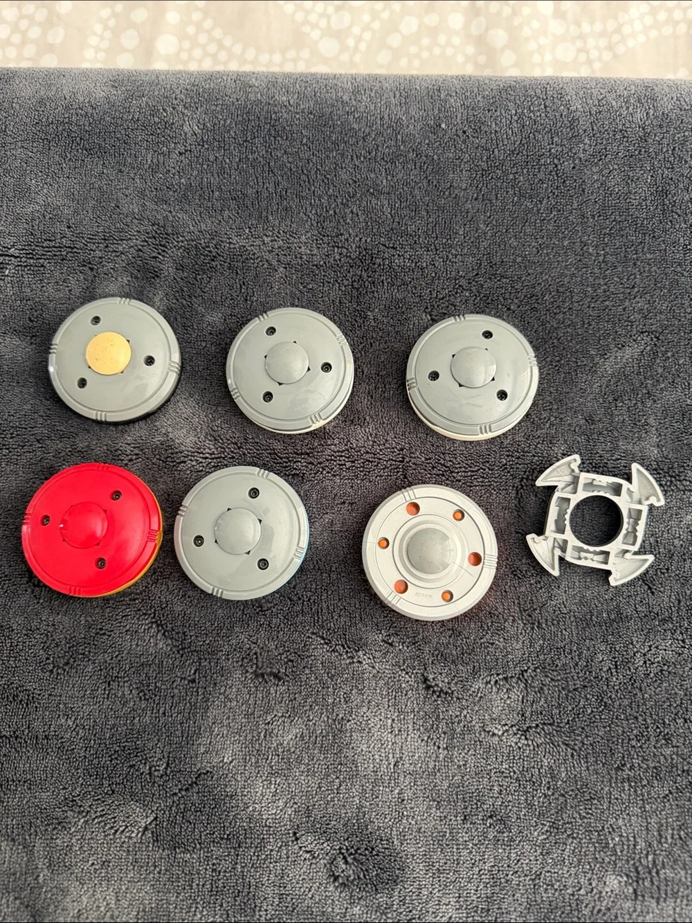 Lego Ninjago set of 6 Spinning Disk in Black, Tan, Orange, Blue, Silver